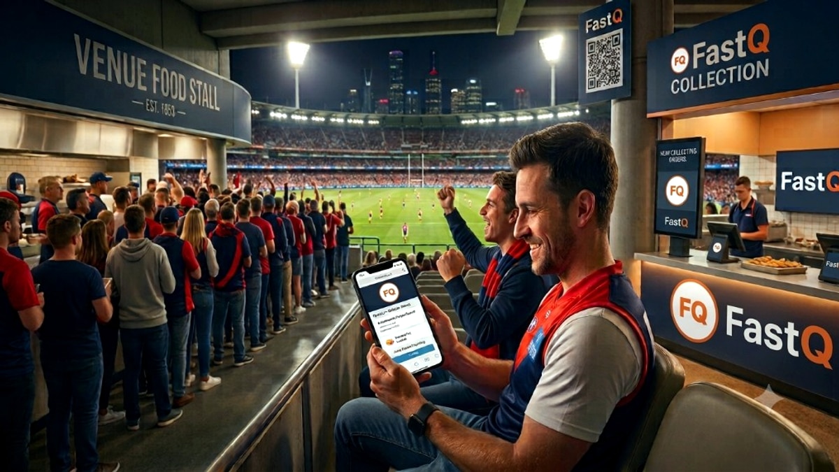Fans using FastQ at fastq.com.au to order food and drinks at a stadium venue — browse stall menus on your phone and collect when ready