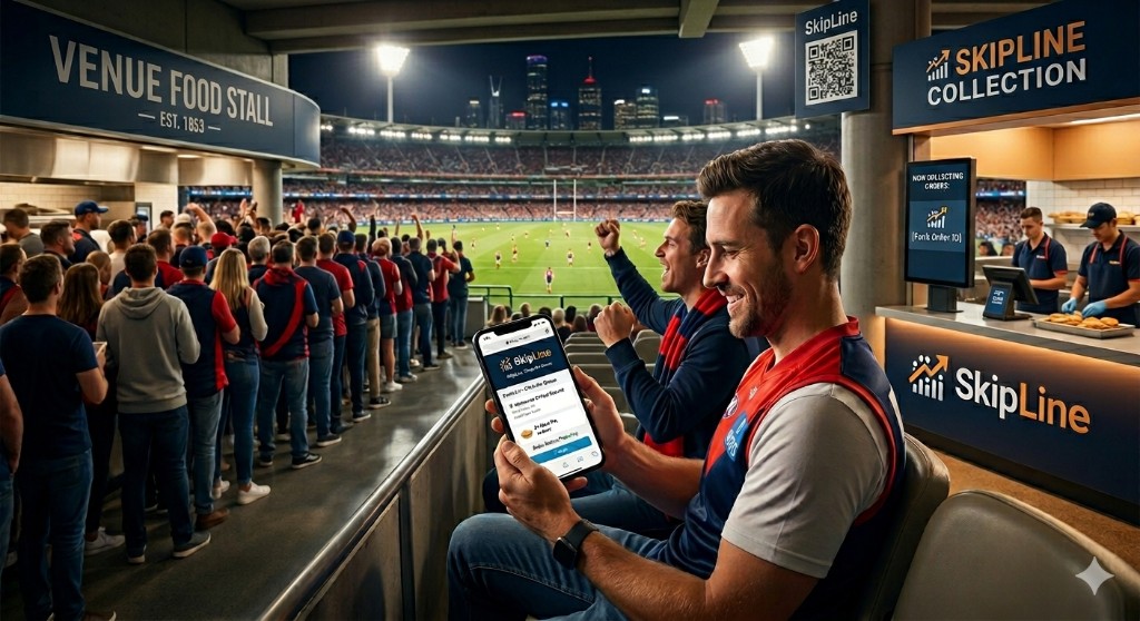 Fans ordering food from their seats at a stadium using FastQ while others collect ready orders at a FastQ collection point